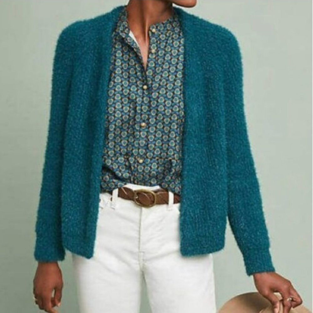 Anthropologie Sleeping On Snow Northbound Eyelash Teal Cardigan Sweater‎ Size XS